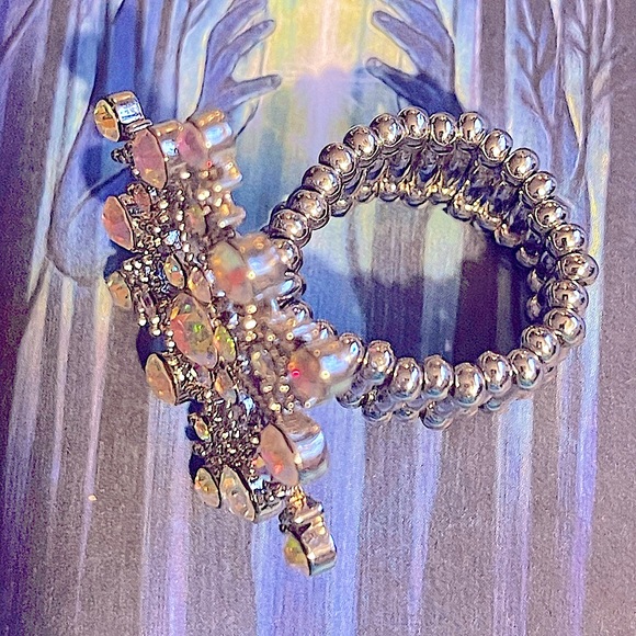 RING Snowflake crystal ice persuasion adjustable big vtg Silvertone stretchable - Picture 3 of 4